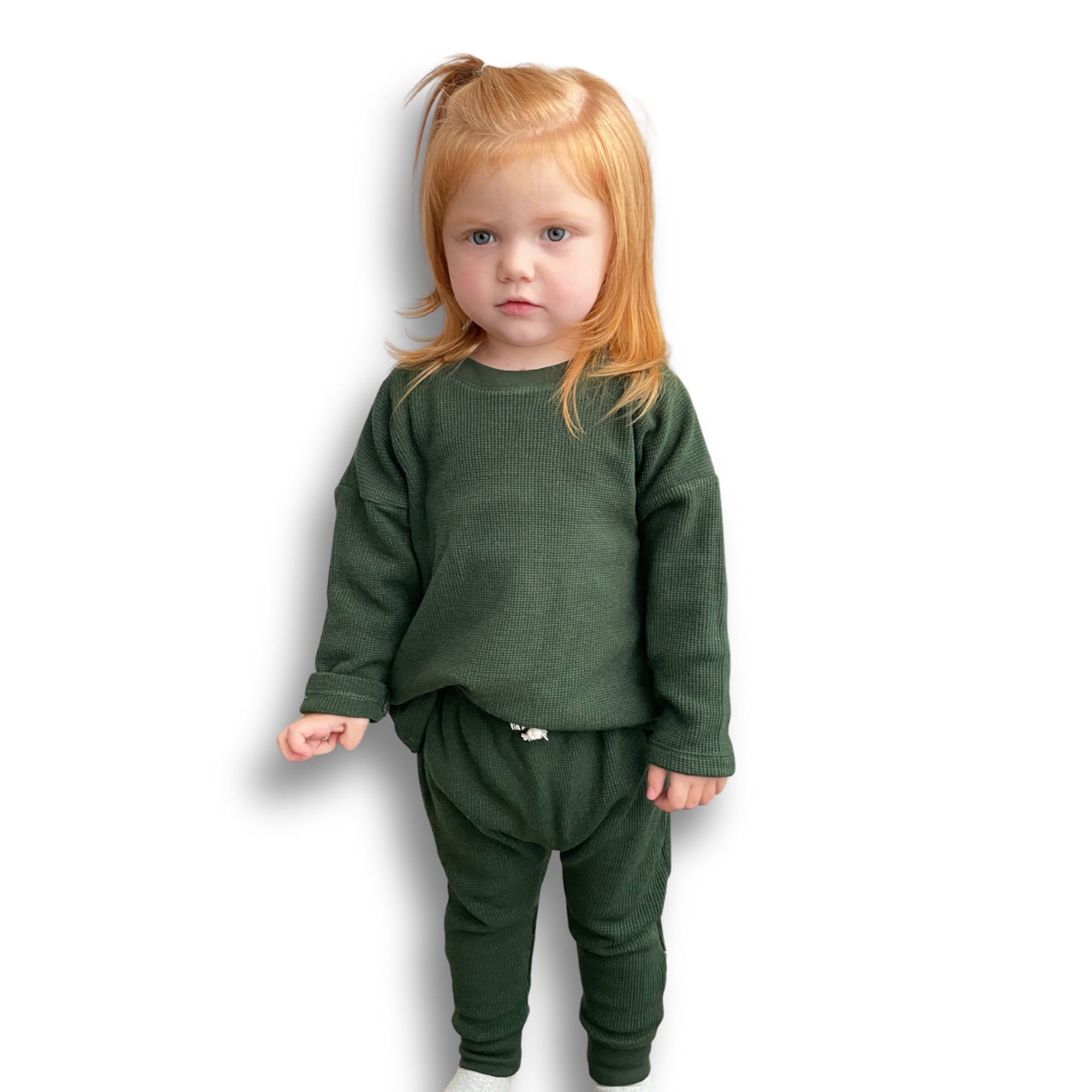 Waffle Long-Sleeve Top & Waffle Harem Pant Set - Forest Green