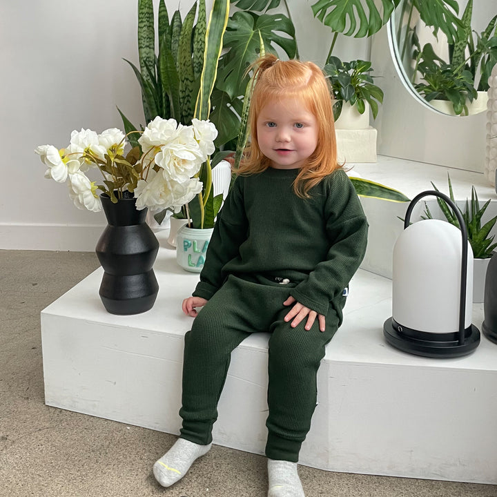 Waffle Long-Sleeve Top & Waffle Harem Pant Set - Forest Green