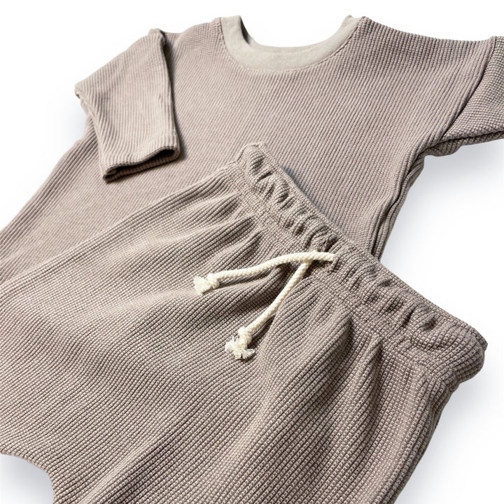 Waffle Long-Sleeve Top & Waffle Harem Pant Set - Taupe