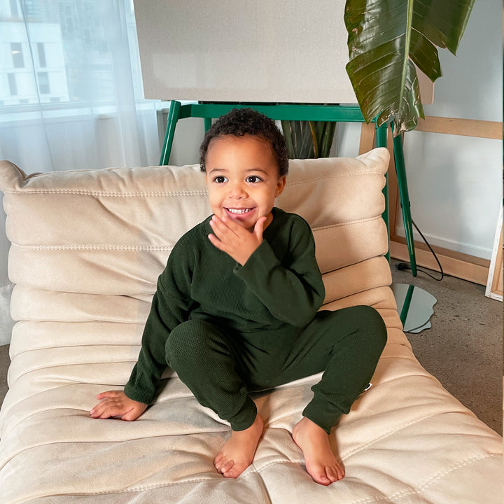 Waffle Long-Sleeve Top & Waffle Harem Pant Set - Forest Green